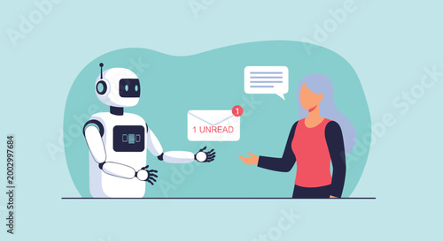 Artificial intelligence robot delivering an unread email message to a woman in a modern digital communication concept illustration.