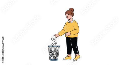 Young woman disposing of crumpled paper waste into a wire trash basket to maintain a clean and organized workspace environment.
