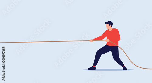 Strong man pulling a heavy rope in a tug of war competition symbolizing effort and determination against a light blue background.