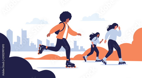 Group of diverse people enjoying an active lifestyle by rollerblading along a city path with a skyline and clouds in the background.