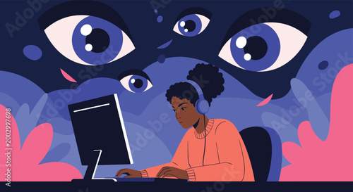 Young woman working on a computer while large eyes watch her from the dark background representing digital privacy and surveillance.