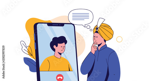 Man in a yellow turban looking thoughtfully at a video call on a smartphone screen showing a smiling young man.