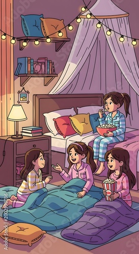Happy Group of Young Girls Enjoying a Cozy Sleepover Party with Snacks and Blankets in a Decorated Bedroom