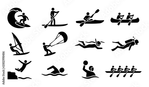 Non Motorized Water Sports Silhouette Icon Set – Surf Kayak Paddle Diving Swimming Collection