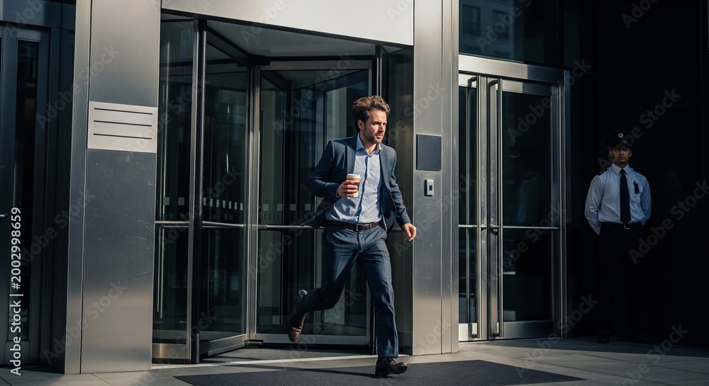 Fototapeta premium Businessman in blue suit running out of office building with coffee