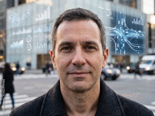 Portrait of a Confident Businessman in a Smart City with Digital Data and Traffic Analytics Overlays