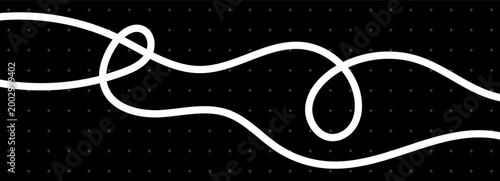 Line cable drawing with squiggle long curve and abstract tangles. Wavy curvy thread. White vector on black background. Line doodle rope for squiggle divider element and curved designs