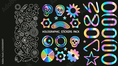 holographic stickers pack with skull star and floral shapes on a black background high quality professional detailed modern