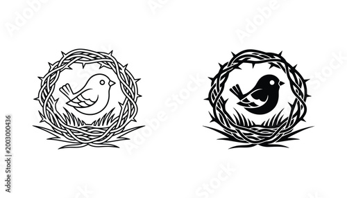 Bird sitting in thorny nest vector icon set featuring avian wildlife in both outline and solid black styles for nature conservation branding or environmental graphic design
