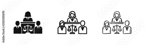 Courtroom Justice Icon Set - Legal System Judge and Scales Vector Illustration