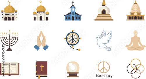 Mosques, Churches, Praying Hands, Peace Symbols, and Sacred Elements for Faith, Harmony, and Belief Themes