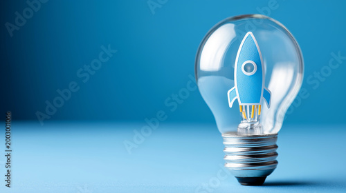 Close-up of a lightbulb with a rocket illustration inside on a blue background, startup idea and innovation concept, entrepreneurship inspiration symbol, new business concept, with copy
