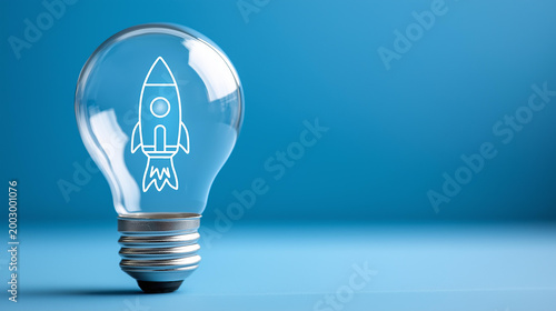 Close-up of a lightbulb with a rocket illustration inside on a blue background, startup idea and innovation concept, entrepreneurship inspiration symbol, new business concept, with copy