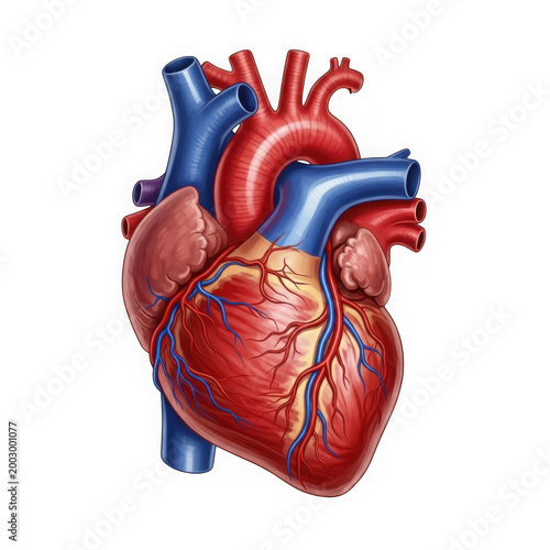 Human heart anatomical illustration showing cardiac structure isolated on transparent.
