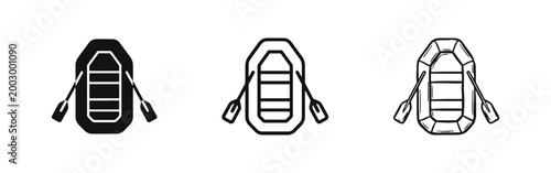 Inflatable raft with oars icons, water rescue and adventure boat symbols