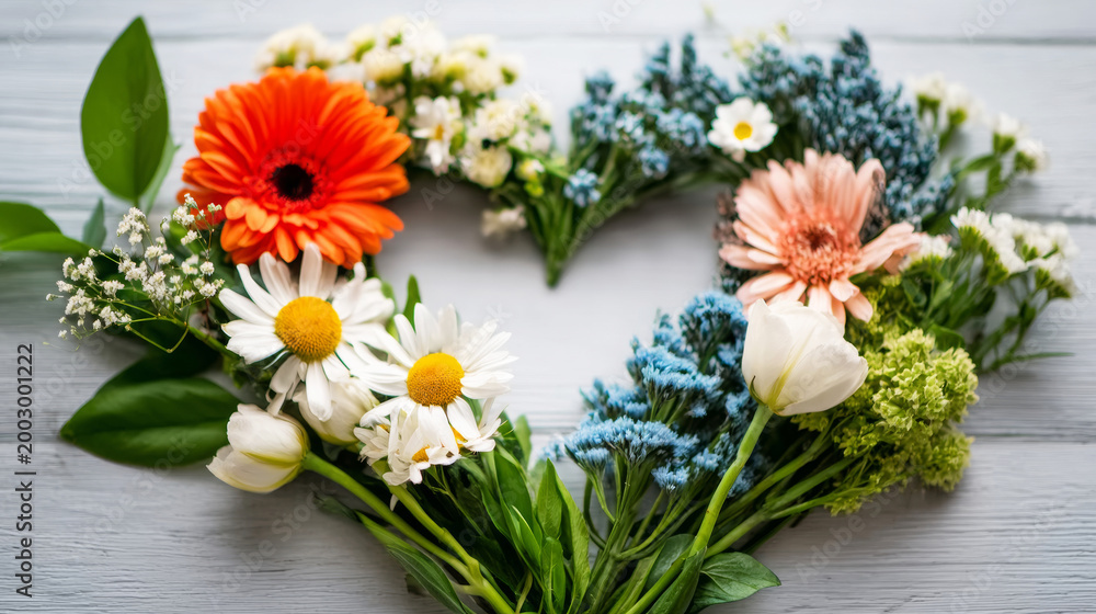 Obraz premium Colorful spring flowers forming a heart shape, representing love, celebration, and romantic gestures on a wooden background