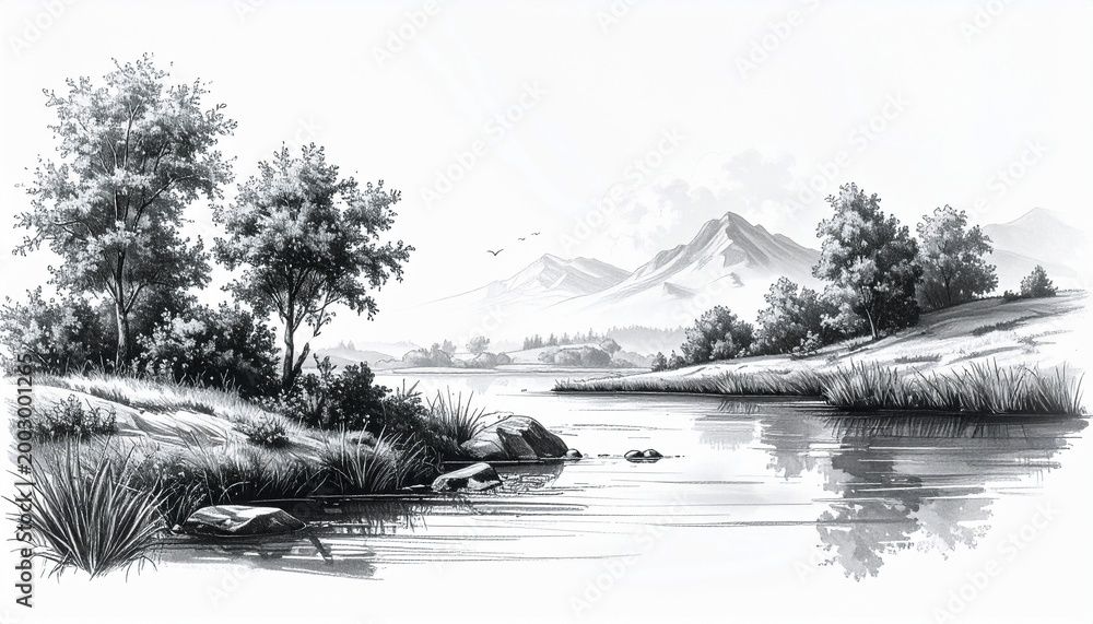 Fototapeta premium Detailed pencil art of a tranquil river landscape, reflections in water, trees and rocks, soft shading, white background, 8k