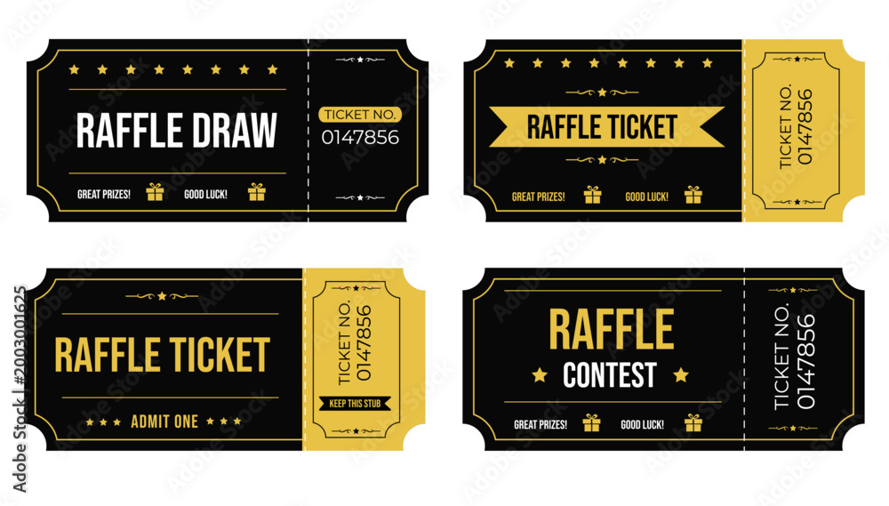 Naklejka premium Black Yellow Event Ticket with Tear Off Stub, Admit One Raffle Entry Template Vector