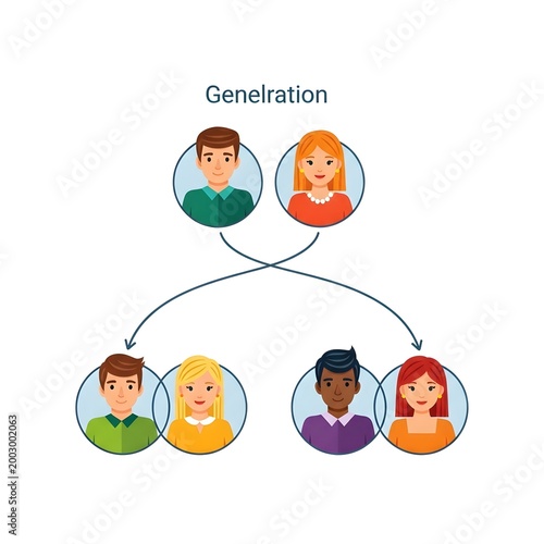 Flat vector illustration of a family generation tree diagram showing lineage and relationships between people