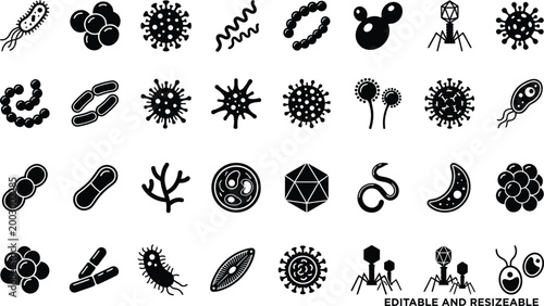 Black and white illustrations of various bacteria viruses and germs on white background