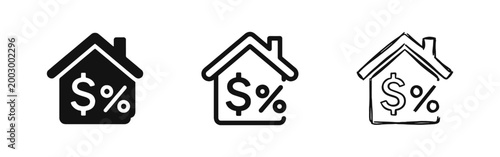Real Estate Mortgage and Loan Icon Set - House Investment and Interest Rate Symbols