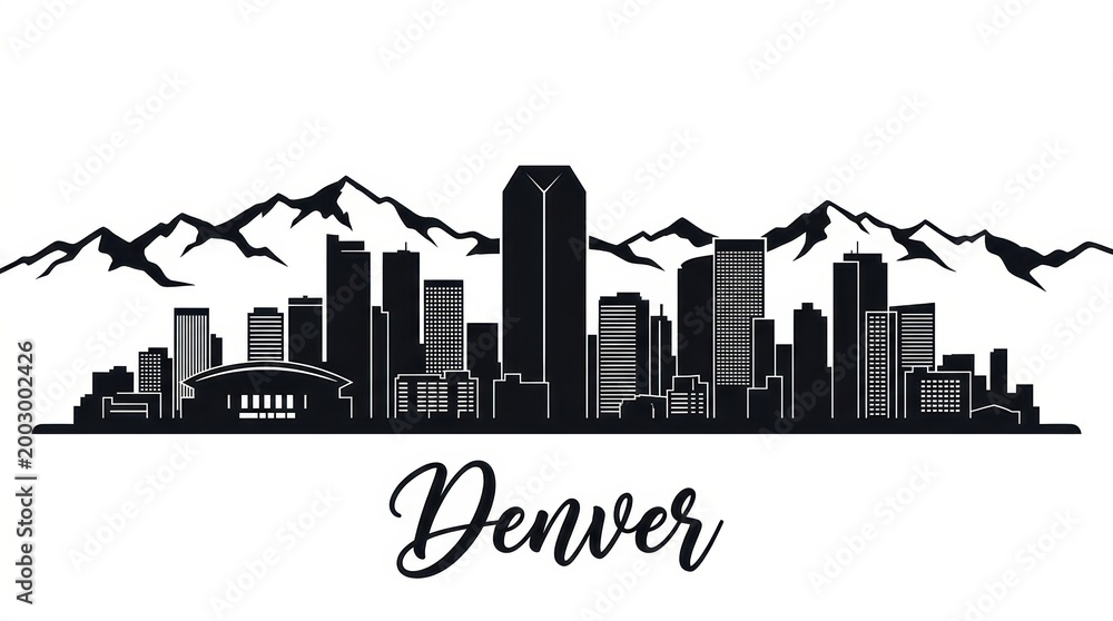 Obraz premium Silhouette skyline of Denver with Rocky Mountain backdrop, Republic Plaza, and modern downtown buildings. Clean monochrome style, balanced composition, no people.