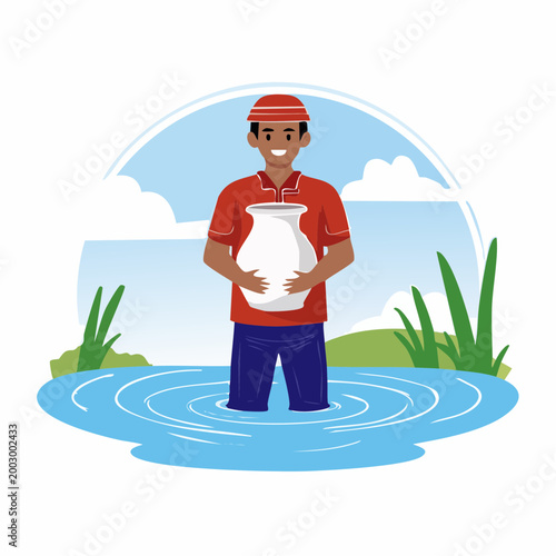 Man collecting water in a pot from a river