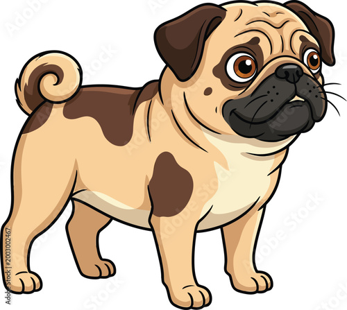 Cartoon pug dog with brown and tan fur standing on white background looking around curiously