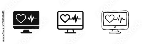Medical Monitor and Heart Rate Icon Set - Cardiology, Health Tracking, and Pulse Symbols