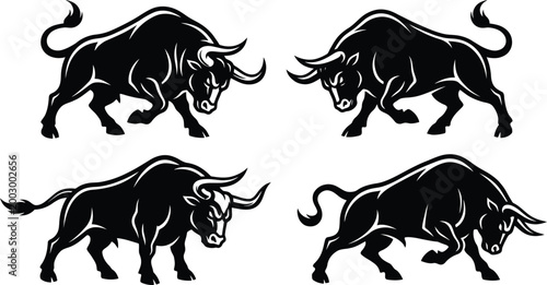 Four black bulls in different aggressive poses with white outlines side and front views  isolated on white background