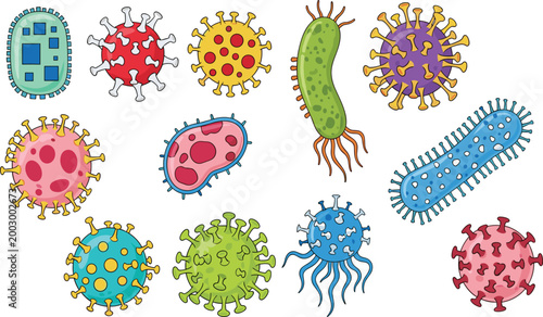 Virus and Bacteria Cartoon Vector Set Featuring Colorful Microorganisms Germ Cells and Pathogen Icons for Medical Science Education and Healthcare Design Projects.