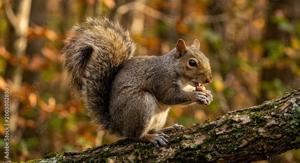 Fototapeta premium Close-up Portrait of a Squirrel on a Mossy Oak Branch