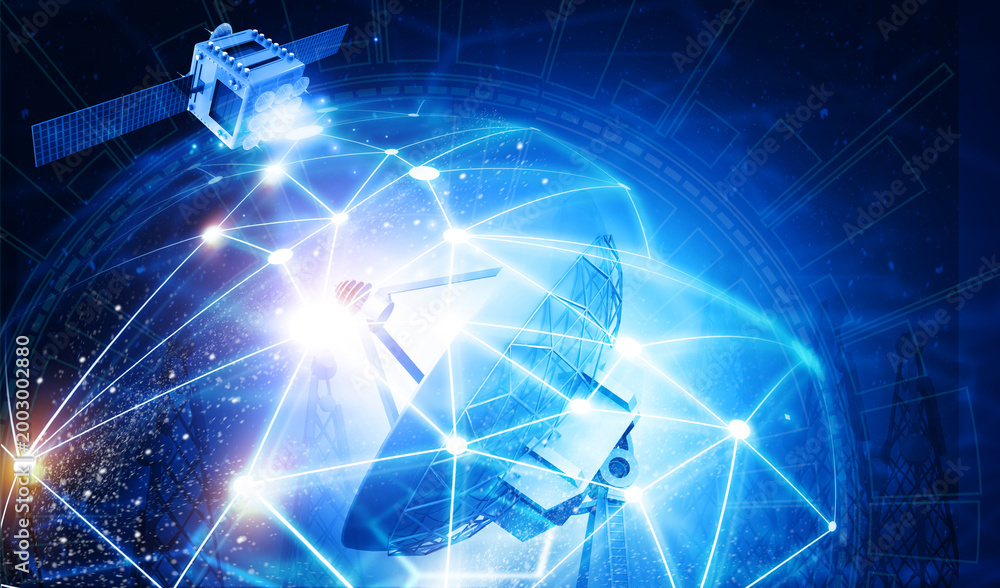 Obraz premium High-tech satellite dish transmitting signals to an orbiting satellite against a glowing global network background.