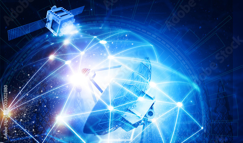 High-tech satellite dish transmitting signals to an orbiting satellite against a glowing global network background.