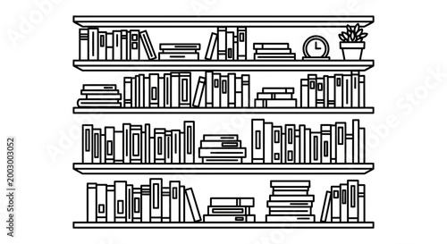Outline illustration of a bookshelf filled with books, clock, and potted plant.