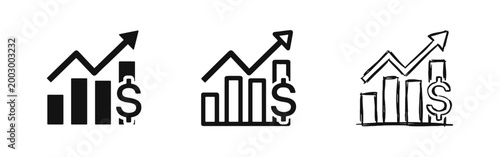 Business Growth and Financial Success Icons Set - Bar Chart with Upward Arrow and Dollar Sign