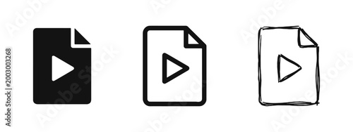 Video File and Multimedia Document Icons Set - Play Button on Page Symbol