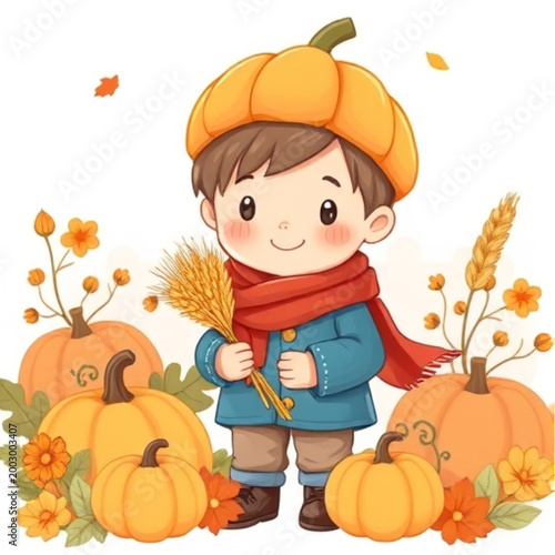 Cheerful Autumn Harvest Illustration with Boy in Pumpkin Hat