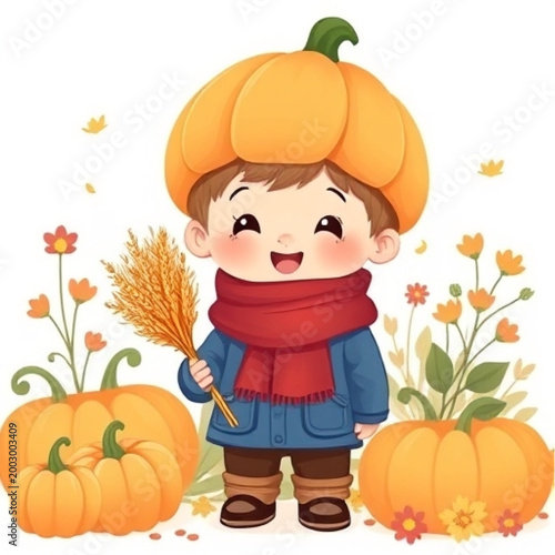 Cute Boy Holding Wheat Sheaves in Autumn Harvest Field