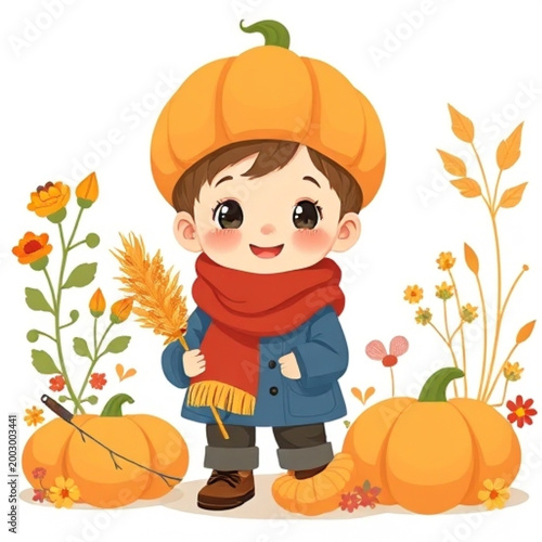 Adorable Boy in Pumpkin Costume Celebrating Harvest