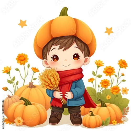 Autumn Illustration of Boy in Pumpkin Hat with Wheat