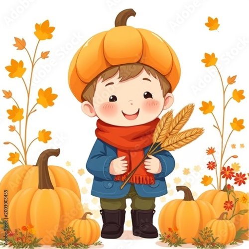 Cute Child Wearing Pumpkin Hat Holding Wheat Sheaves