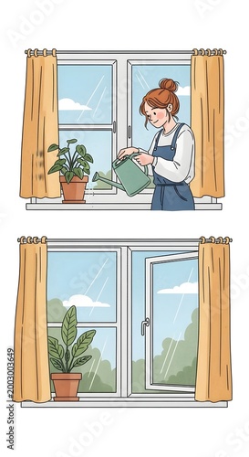 Woman watering a houseplant on a windowsill with a view of a peaceful green landscape and blue sky