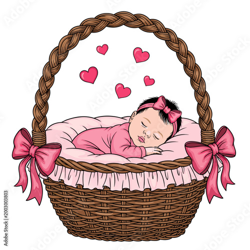 Adorable sleeping baby girl vector illustration in a basket adorned with pink bows and hearts, representing innocence and love
