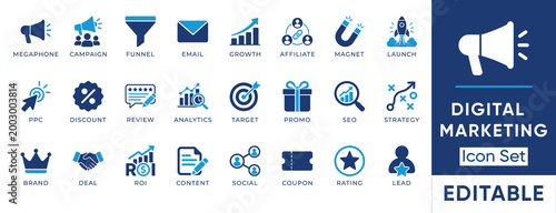 Digital Marketing and Advertising solid icon set. Includes symbols for Campaign, SEO, PPC, Target, and ROI. Solid vector icons for online promotion and social media strategy.
