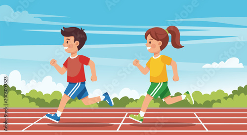Running race on a track illustration, with two children actively participating in a sporting event, vector art for active lifestyle