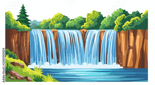 Majestic waterfall in a lush forest, a serene natural landscape, digital vector illustration for peaceful ambiance