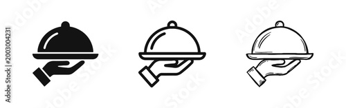 Food Cloche Icon Set, Hand Holding Restaurant Platter Tray, Catering Service Symbols