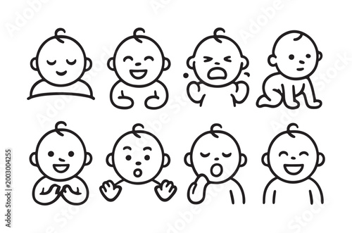 Line art depictions of eight different baby faces with varying expressions