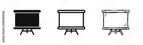 Presentation Screen Icon Set, Blank Projection Board on Tripod, Business Meeting Symbols